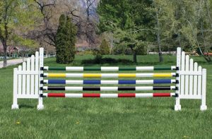 Slope picket with striped poles jump PPA14 9-425 PolyPro Slope Picket jump standards 14-020 Ultimate striped jump poles 899HJC Jump Cups